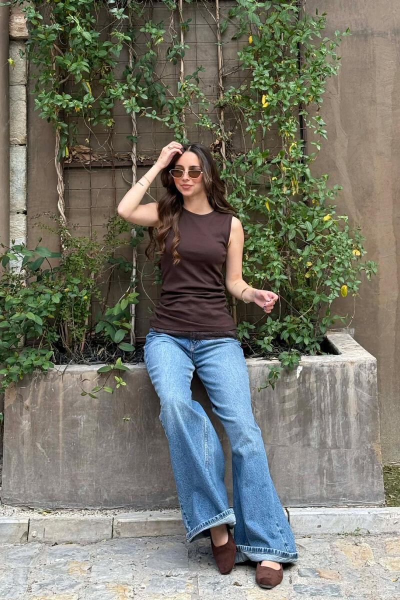 ONE COLOR TULLE DETAIL WOMAN TANK TOP BROWN/KAFE - 5