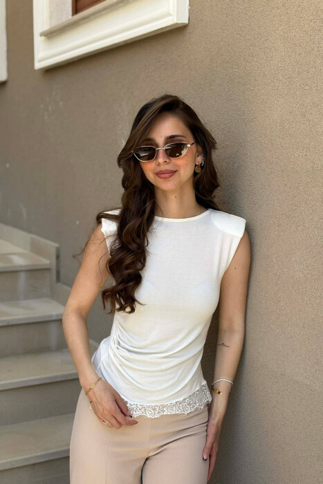 ONE COLOR TULLE DETAIL WOMAN TANK TOP CREAM/KREM - KLAUDIO FASHION