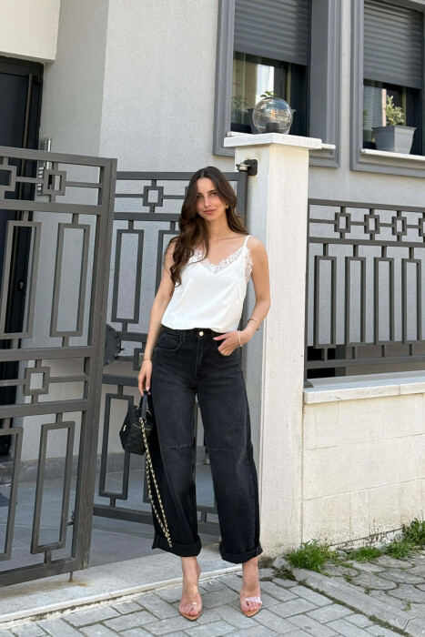 ONE COLOR TULLE DETAIL WOMAN TANK TOP WHITE-E BARDHE - KLAUDIO FASHION