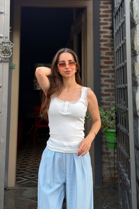 ONE COLOR TULLE DETAILS WOMAN TANK TOP WHITE-E BARDHE - KLAUDIO FASHION