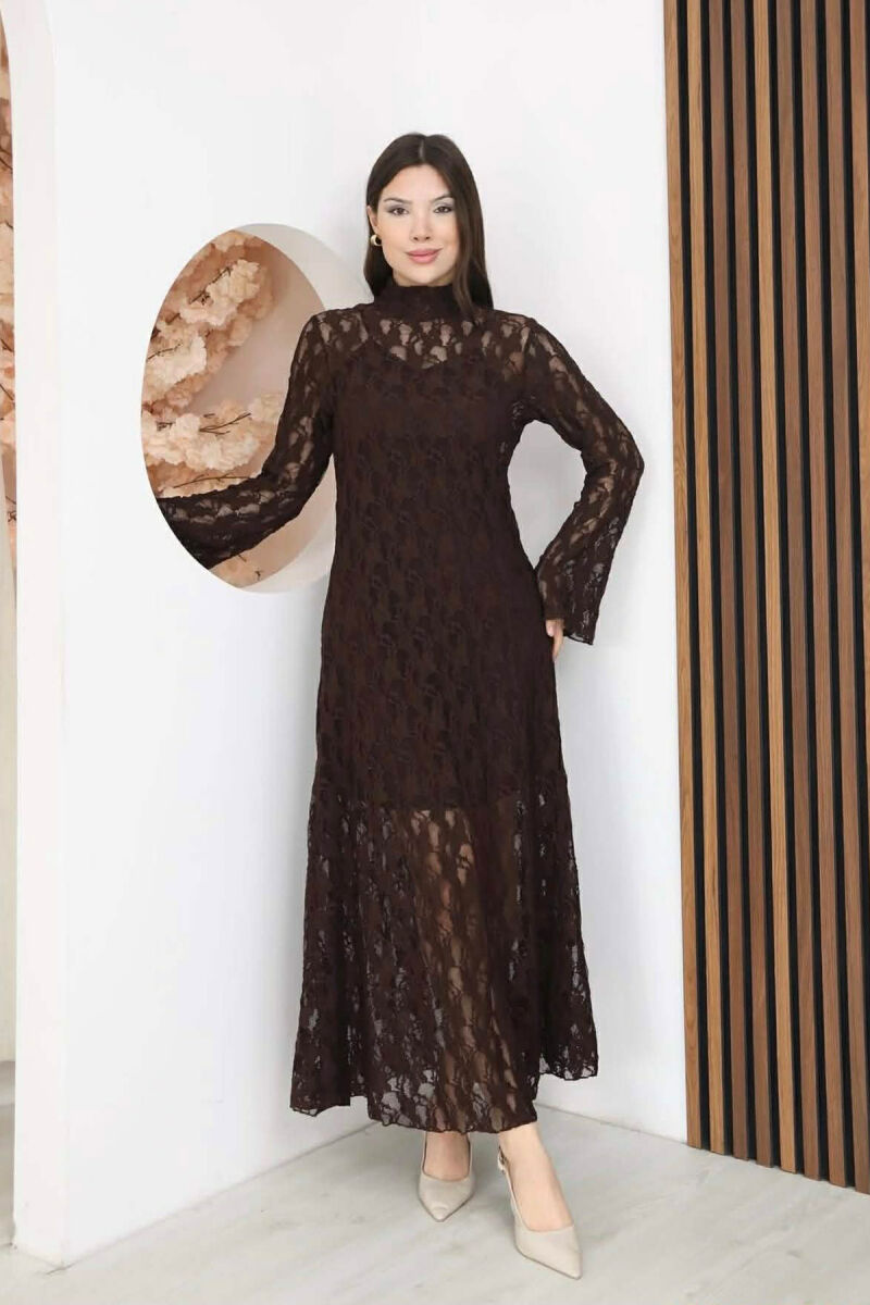 ONE COLOR TULLE LONG SLEEVE WOMAN DRESS BROWN/KAFE - 1