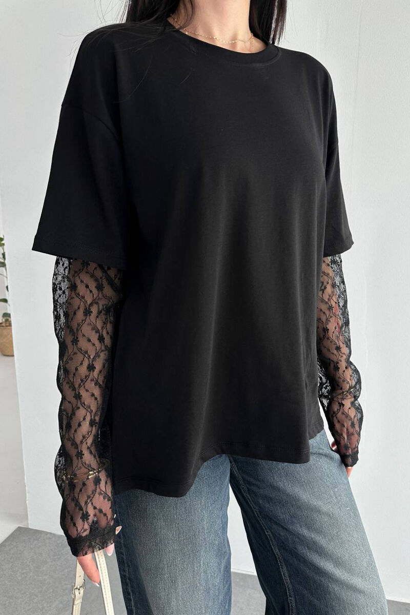 ONE COLOR TULLE SLEEVES WOMAN T-SHIRT BLACK/ E ZEZE - 2