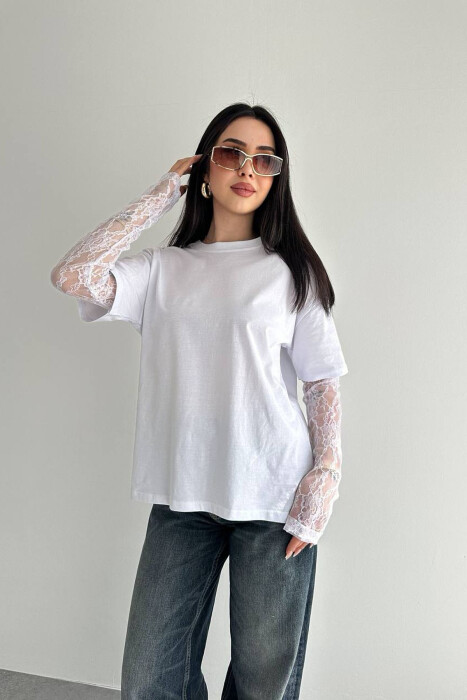 ONE COLOR TULLE SLEEVES WOMAN T-SHIRT WHITE-E BARDHE - 3