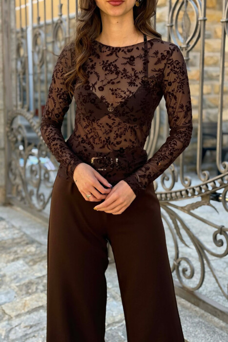 ONE COLOR TULLE WOMAN SWEATSHIRT BROWN/KAFE - 