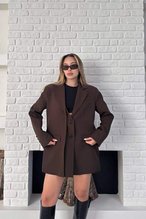 ONE COLOR TWO BUTTONS CLASSIC WOMAN JACKET BROWN/KAFE - KLAUDIO FASHION
