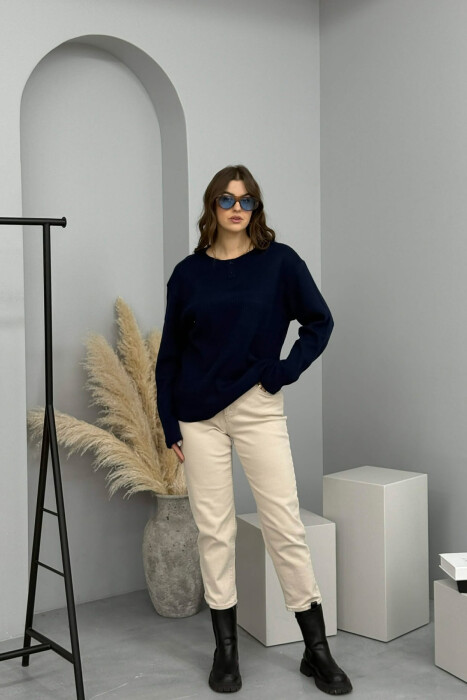 ONE COLOR TWO BUTTONS WOMEN SWEATSHIRT DARK BLUE/BEE - 1