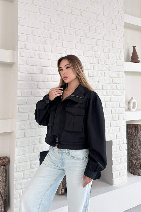 ONE COLOR TWO FRONT POCKETS WOMAN JACKET BLACK/ E ZEZE - 7