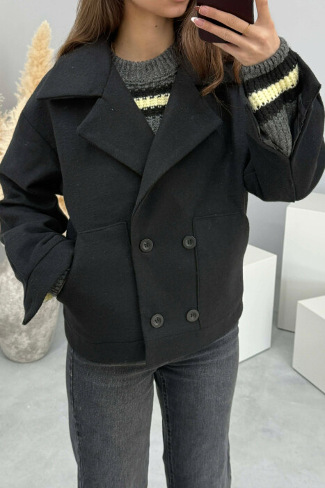 ONE COLOR V NECK BUTTONED WOMAN COAT BLACK/ E ZEZE - KLAUDIO FASHION