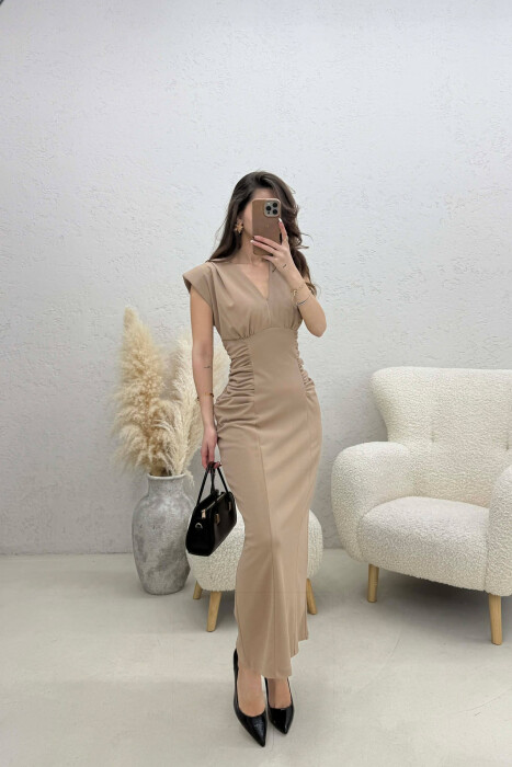 ONE COLOR V NECK CUT OPEN LONG WOMEN DRESS BEIGE/BEZHE 
