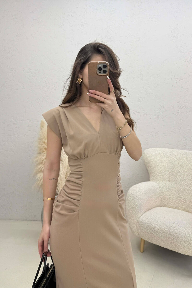 ONE COLOR V NECK CUT OPEN LONG WOMEN DRESS BEIGE/BEZHE - 2