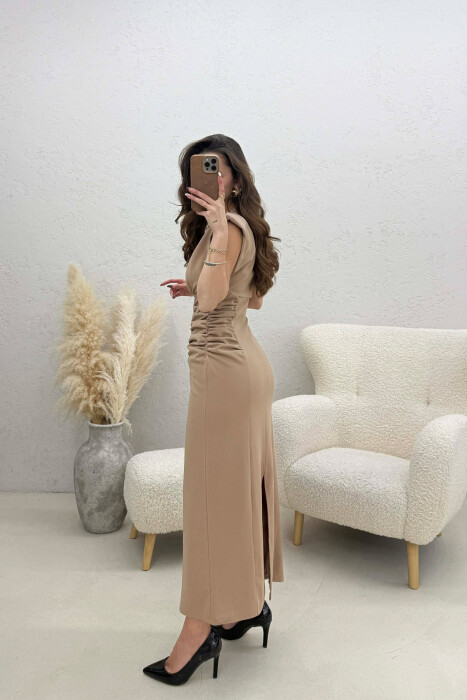 ONE COLOR V NECK CUT OPEN LONG WOMEN DRESS BEIGE/BEZHE - 3