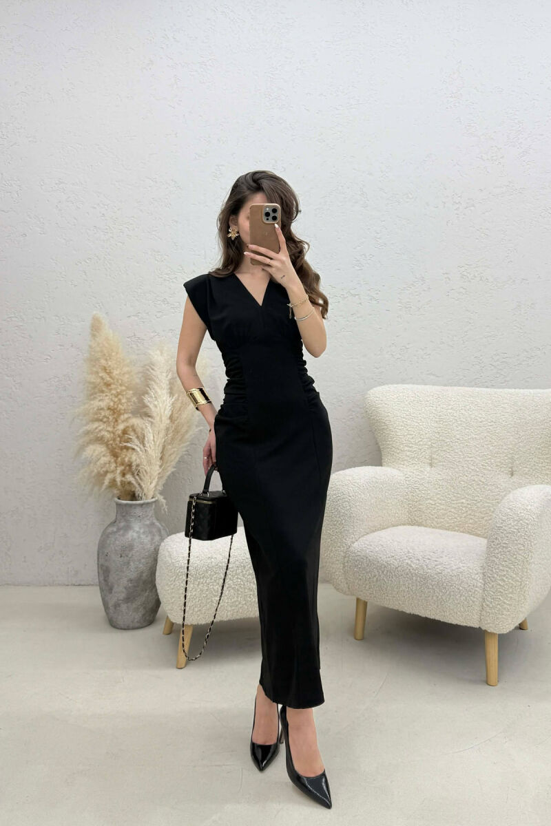 ONE COLOR V NECK CUT OPEN LONG WOMEN DRESS BLACK/ E ZEZE - 3