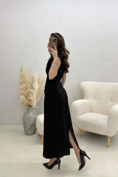 ONE COLOR V NECK CUT OPEN LONG WOMEN DRESS BLACK/ E ZEZE - 4