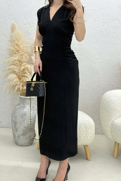 ONE COLOR V NECK CUT OPEN LONG WOMEN DRESS BLACK/ E ZEZE - 5