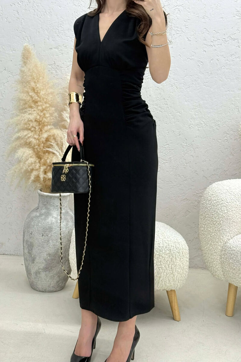 ONE COLOR V NECK CUT OPEN LONG WOMEN DRESS BLACK/ E ZEZE - 5