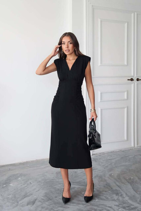 ONE COLOR V NECK CUT OPEN LONG WOMEN DRESS BLACK/ E ZEZE - KLAUDIO FASHION