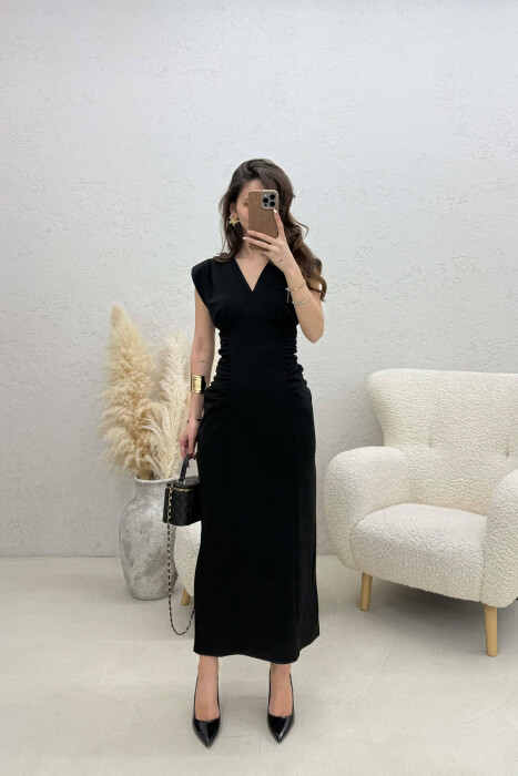 ONE COLOR V NECK CUT OPEN LONG WOMEN DRESS BLACK/ E ZEZE 