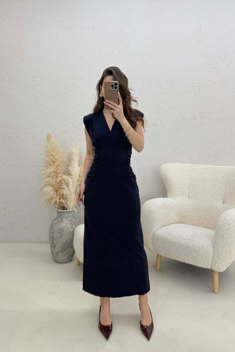 ONE COLOR V NECK CUT OPEN LONG WOMEN DRESS BLUE/BLU 