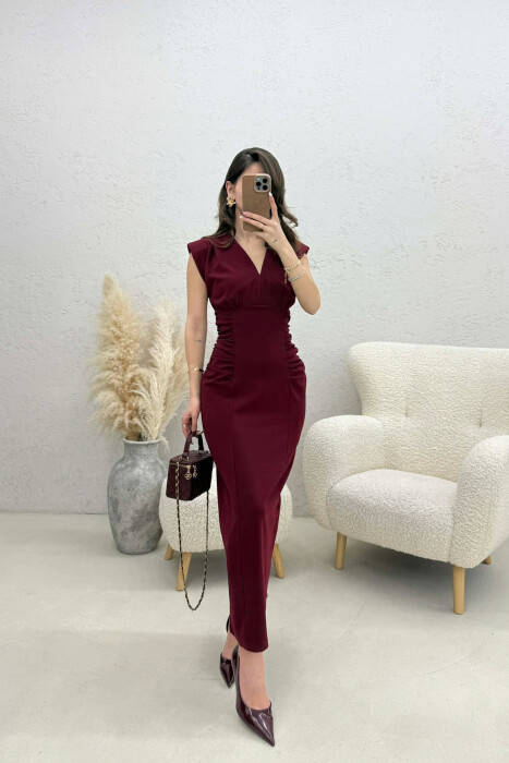 ONE COLOR V NECK CUT OPEN LONG WOMEN DRESS BURGUNDY/VISHNJE 