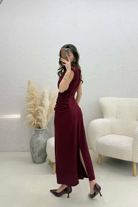 ONE COLOR V NECK CUT OPEN LONG WOMEN DRESS BURGUNDY/VISHNJE - 2