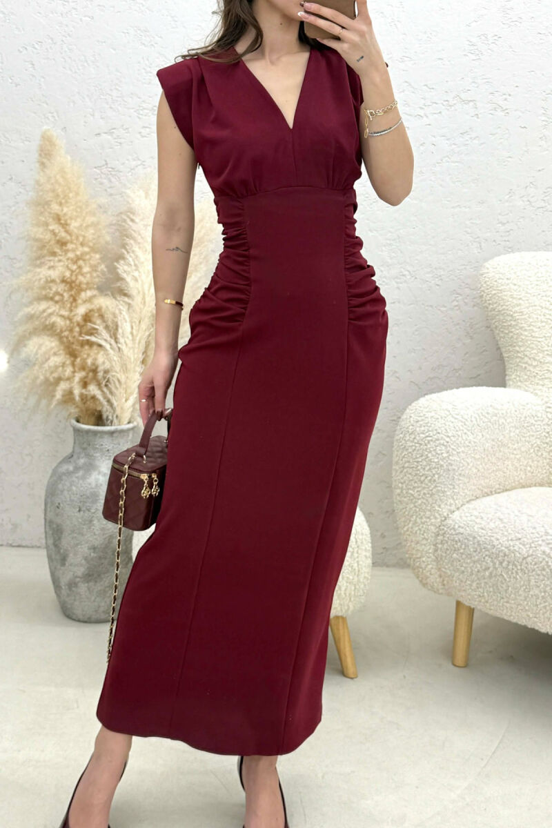 ONE COLOR V NECK CUT OPEN LONG WOMEN DRESS BURGUNDY/VISHNJE - 3