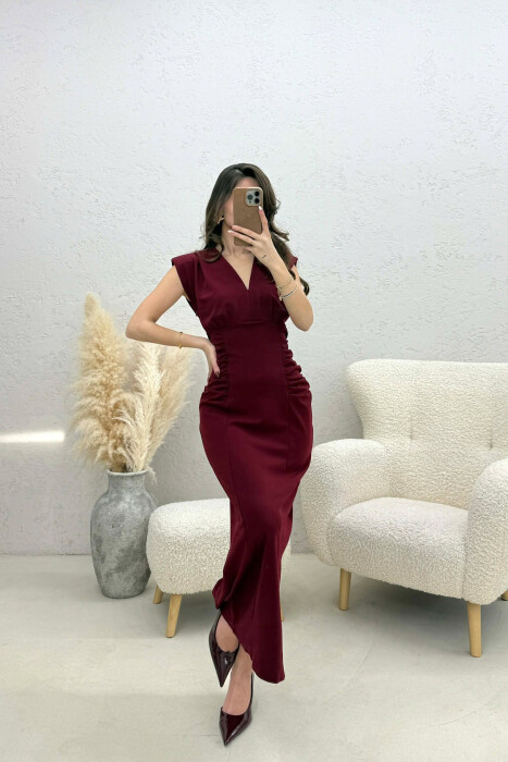ONE COLOR V NECK CUT OPEN LONG WOMEN DRESS BURGUNDY/VISHNJE - 5