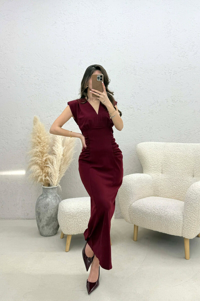 ONE COLOR V NECK CUT OPEN LONG WOMEN DRESS BURGUNDY/VISHNJE - 5