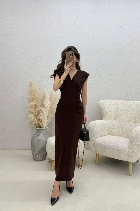 ONE COLOR V NECK CUT OPEN LONG WOMEN DRESS DARK BROWN/KAE - KLAUDIO FASHION