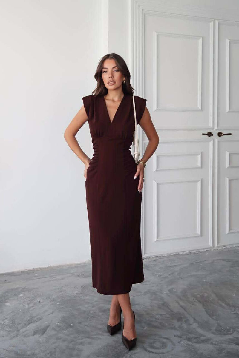 ONE COLOR V NECK CUT OPEN LONG WOMEN DRESS DARK BROWN/KAE - 2