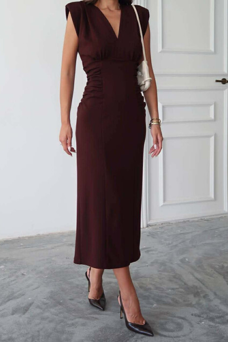 ONE COLOR V NECK CUT OPEN LONG WOMEN DRESS DARK BROWN/KAE - 3