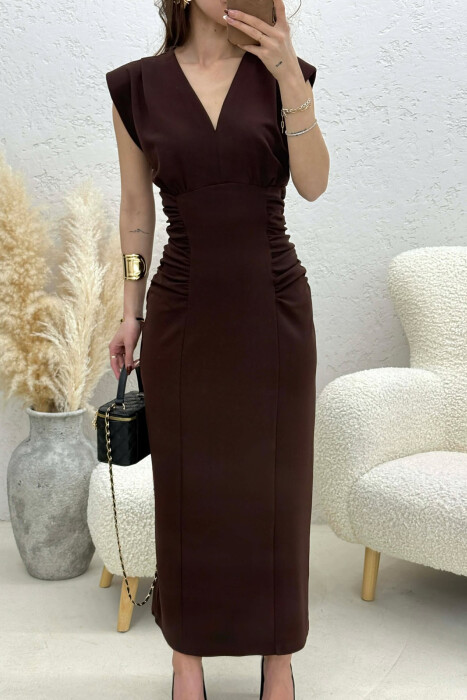 ONE COLOR V NECK CUT OPEN LONG WOMEN DRESS DARK BROWN/KAE - 3