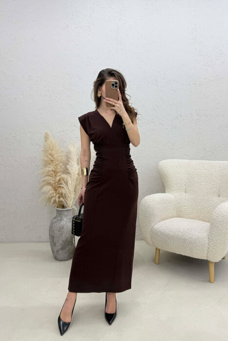 ONE COLOR V NECK CUT OPEN LONG WOMEN DRESS DARK BROWN/KAE - 5