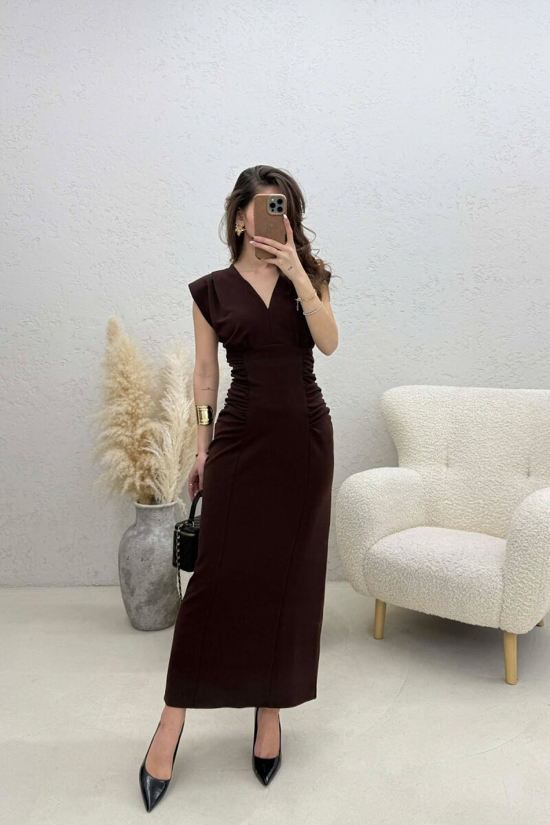 ONE COLOR V NECK CUT OPEN LONG WOMEN DRESS DARK BROWN/KAE - 5