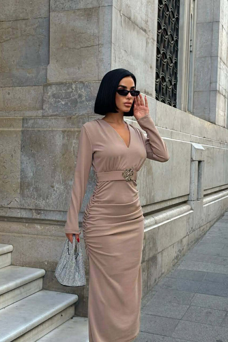 ONE COLOR V NECK GOLD DETAIL BELT LONG WOMEN DRESS BEIGE/BEZHE - 2