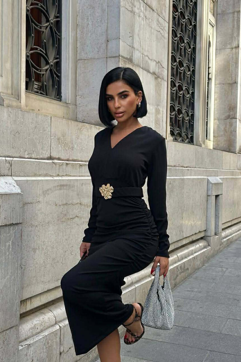ONE COLOR V NECK GOLD DETAIL BELT LONG WOMEN DRESS BLACK/ E ZEZE - 2