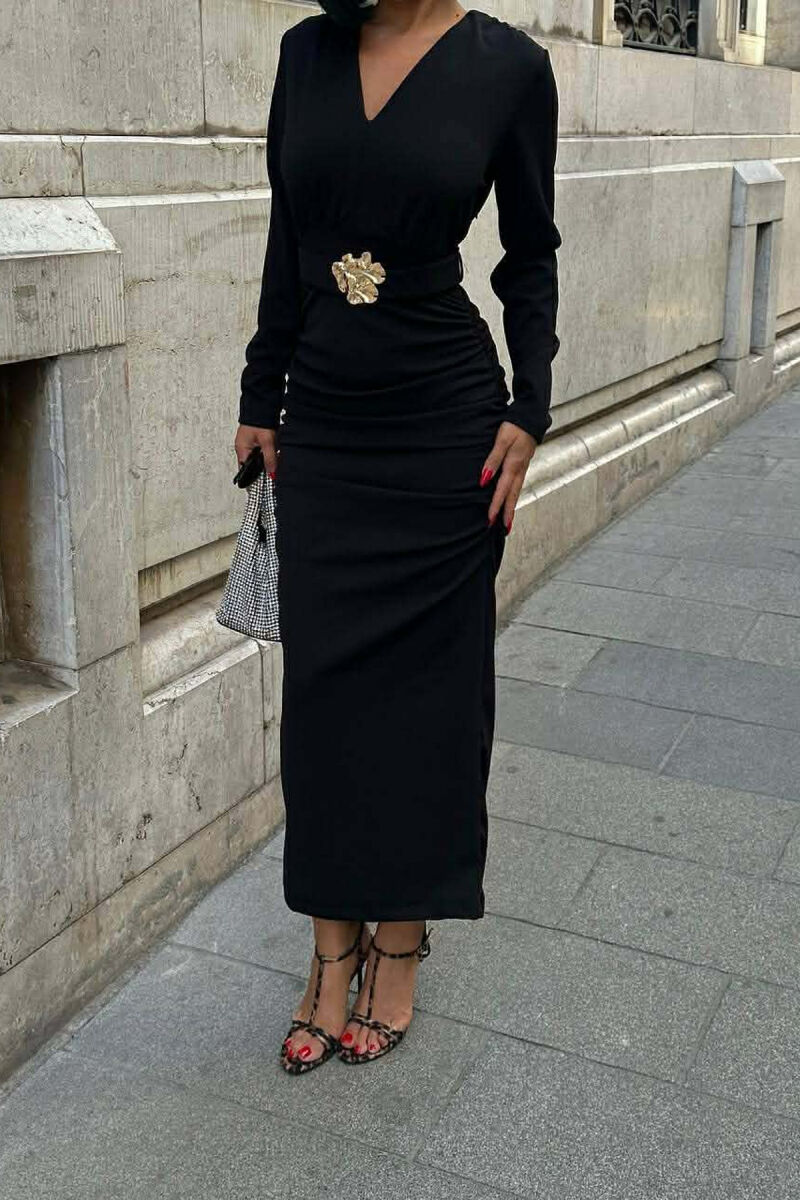 ONE COLOR V NECK GOLD DETAIL BELT LONG WOMEN DRESS BLACK/ E ZEZE - 3