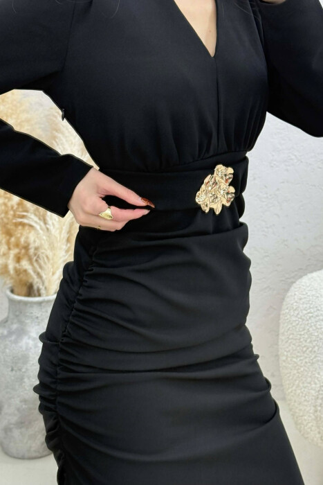 ONE COLOR V NECK GOLD DETAIL BELT LONG WOMEN DRESS BLACK/ E ZEZE - 4
