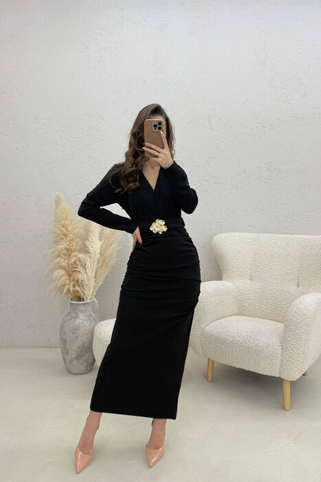 ONE COLOR V NECK GOLD DETAIL BELT LONG WOMEN DRESS BLACK/ E ZEZE - 5
