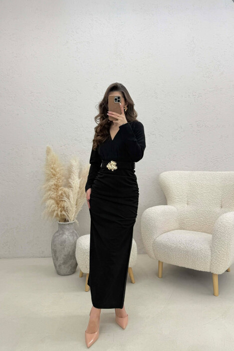 ONE COLOR V NECK GOLD DETAIL BELT LONG WOMEN DRESS BLACK/ E ZEZE 