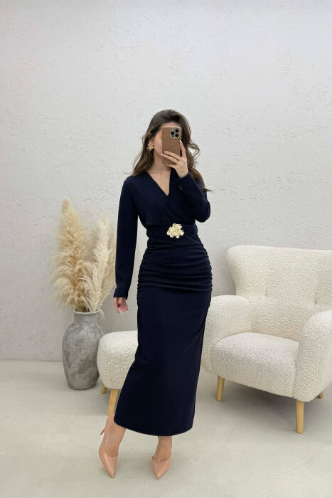 ONE COLOR V NECK GOLD DETAIL BELT LONG WOMEN DRESS BLUE/BLU - KLAUDIO FASHION
