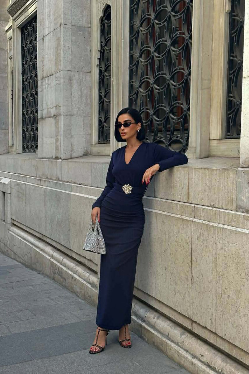 ONE COLOR V NECK GOLD DETAIL BELT LONG WOMEN DRESS BLUE/BLU - 1