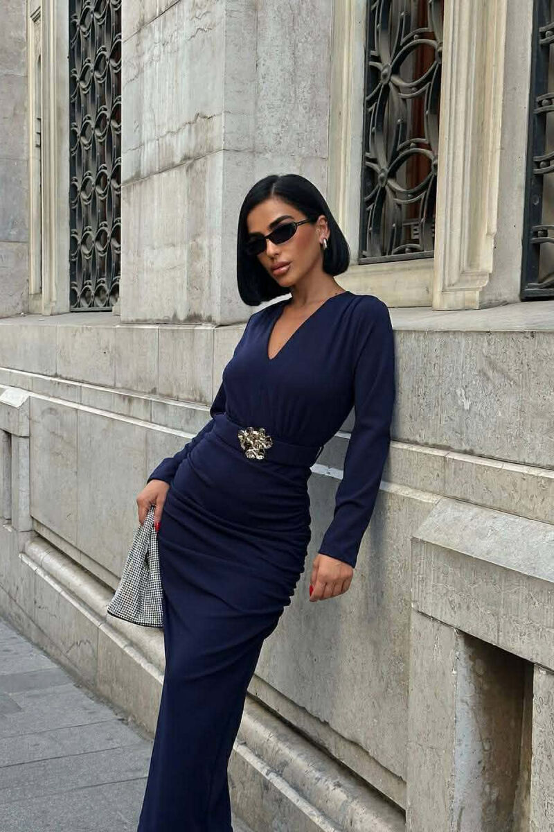 ONE COLOR V NECK GOLD DETAIL BELT LONG WOMEN DRESS BLUE/BLU - 2