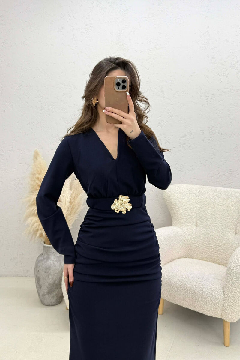 ONE COLOR V NECK GOLD DETAIL BELT LONG WOMEN DRESS BLUE/BLU - 3