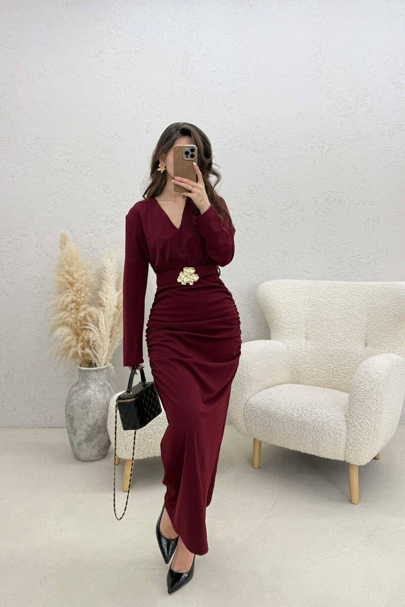 ONE COLOR V NECK GOLD DETAIL BELT LONG WOMEN DRESS BURGUNDY/VISHNJE - 1