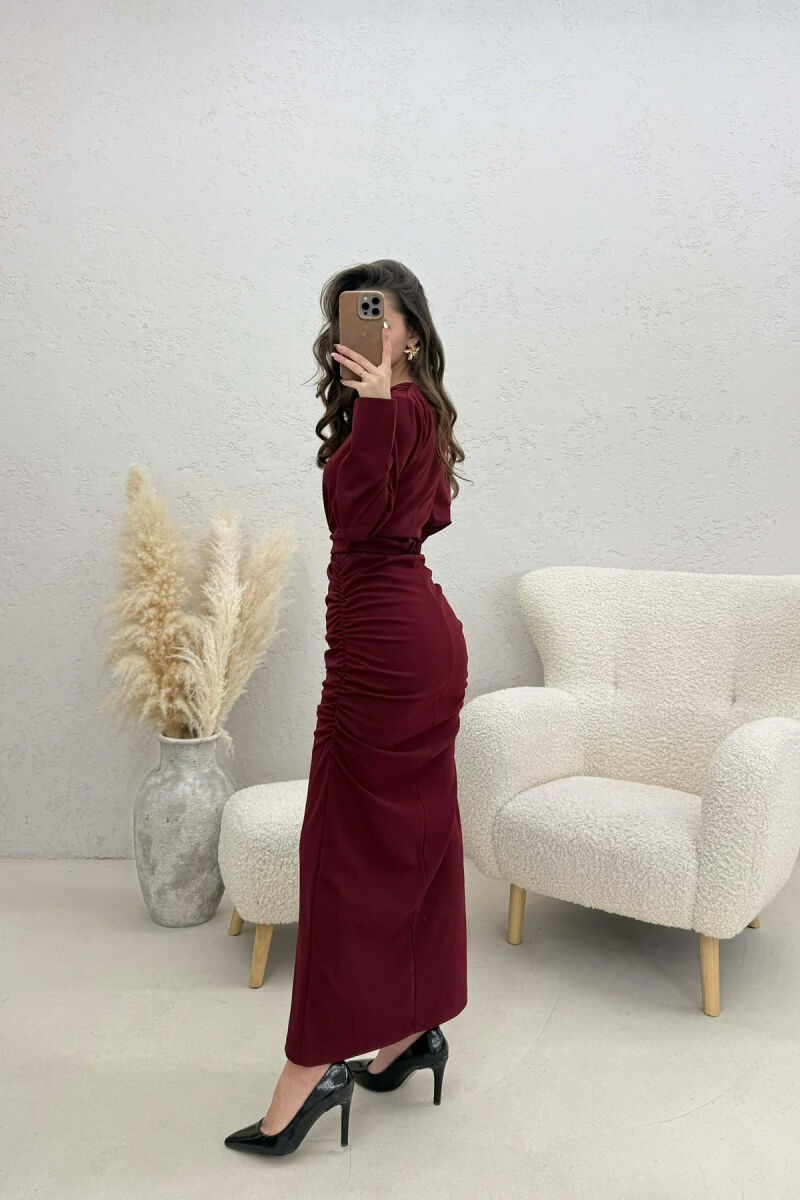 ONE COLOR V NECK GOLD DETAIL BELT LONG WOMEN DRESS BURGUNDY/VISHNJE - 5