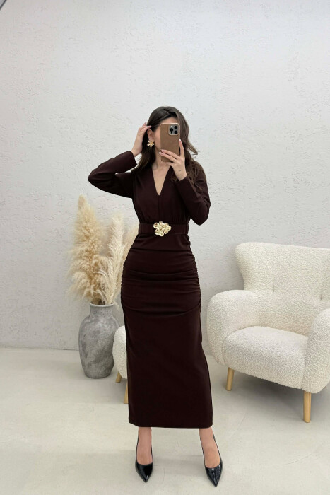 ONE COLOR V NECK GOLD DETAIL BELT LONG WOMEN DRESS DARK BROWN/KAE - KLAUDIO FASHION