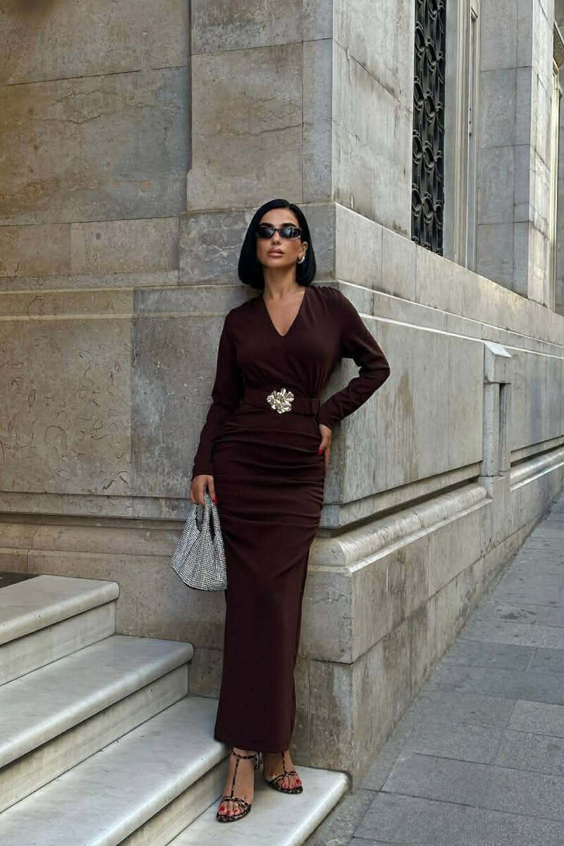ONE COLOR V NECK GOLD DETAIL BELT LONG WOMEN DRESS DARK BROWN/KAE - 1