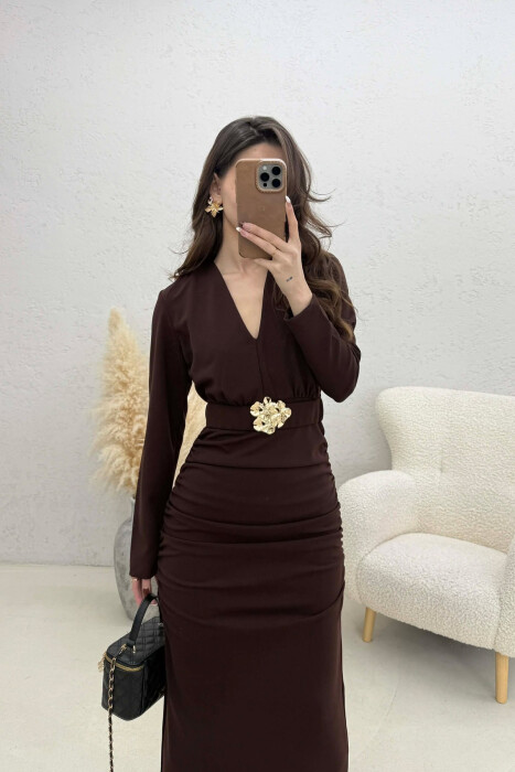 ONE COLOR V NECK GOLD DETAIL BELT LONG WOMEN DRESS DARK BROWN/KAE - 3