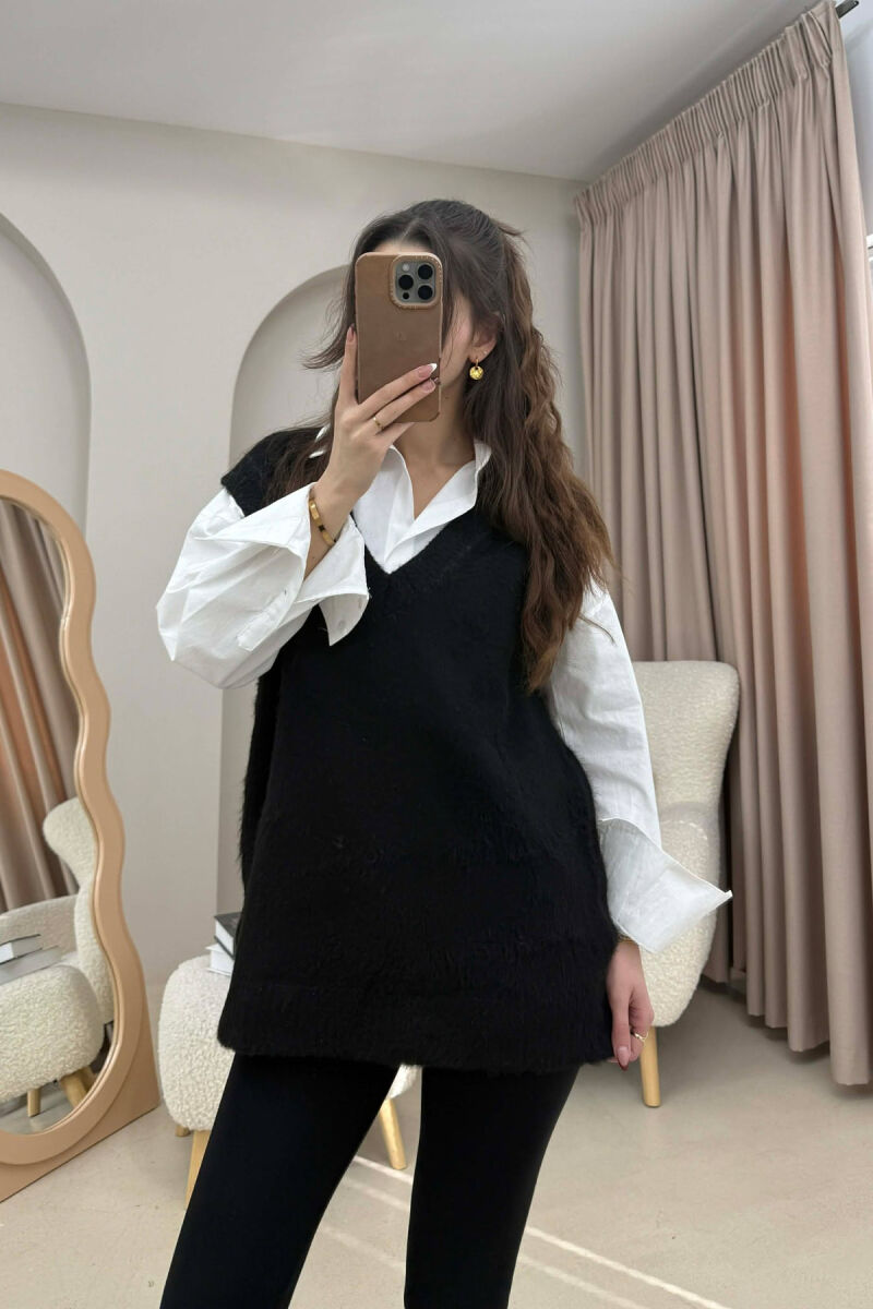 ONE COLOR V NECK KNITTED WOMEN VEST BLACK/ E ZEZE - 1