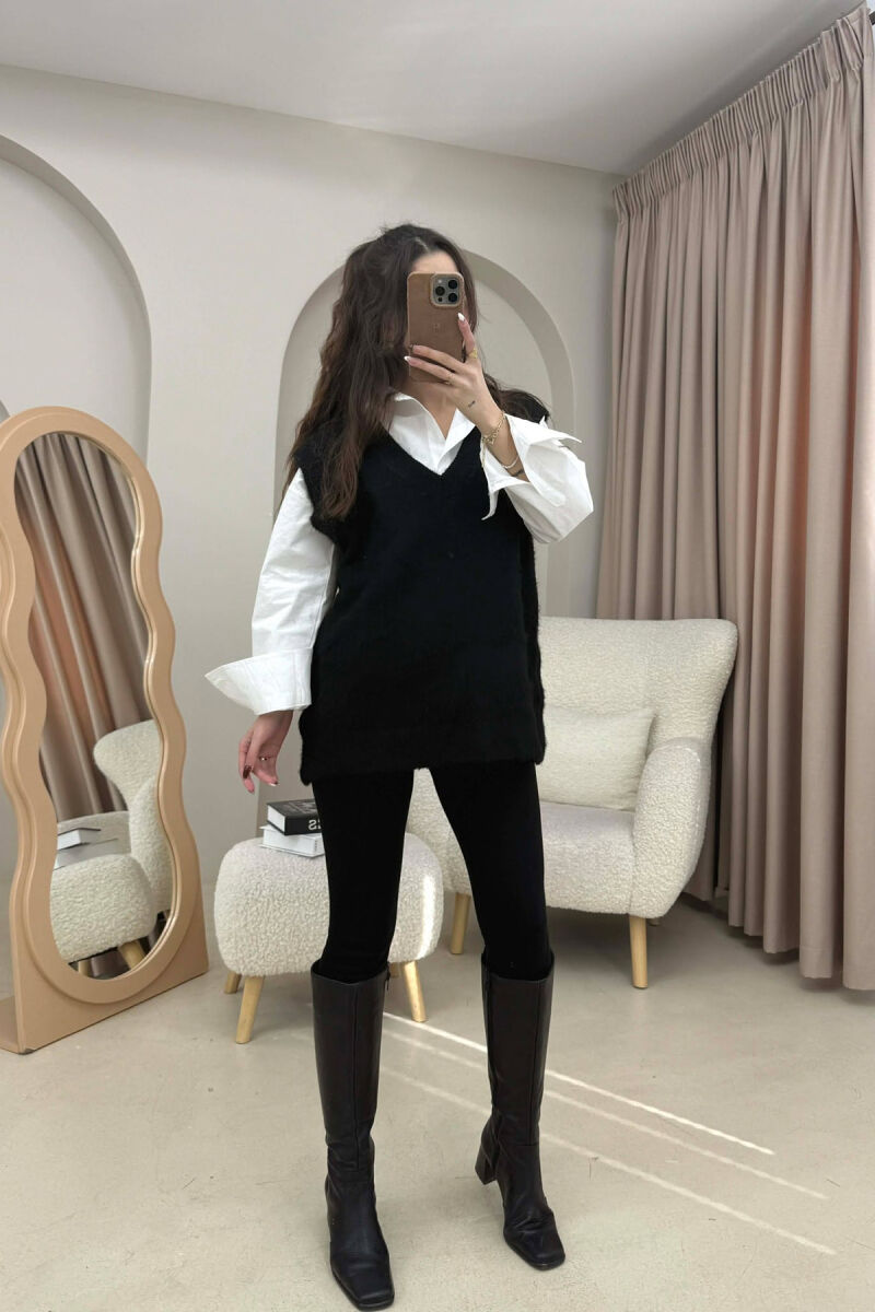 ONE COLOR V NECK KNITTED WOMEN VEST BLACK/ E ZEZE - 2